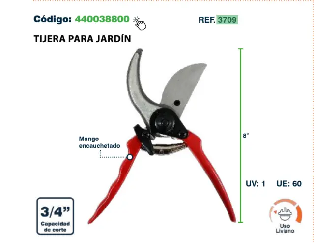 Tijera jardinera trabajo liviano mango plastico 8"